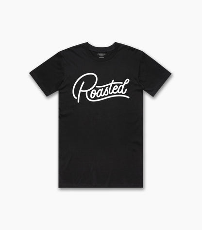 Front view of a black unisex T-shirt featuring a large white ‘Roasted’ script graphic across the chest.