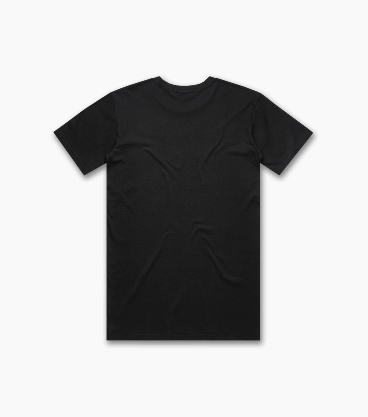 Back view of a plain black unisex T-shirt with no graphics or embellishments.