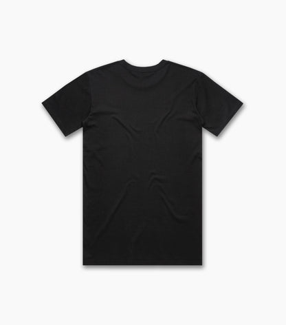 Back view of a plain black unisex T-shirt with no graphics or embellishments.