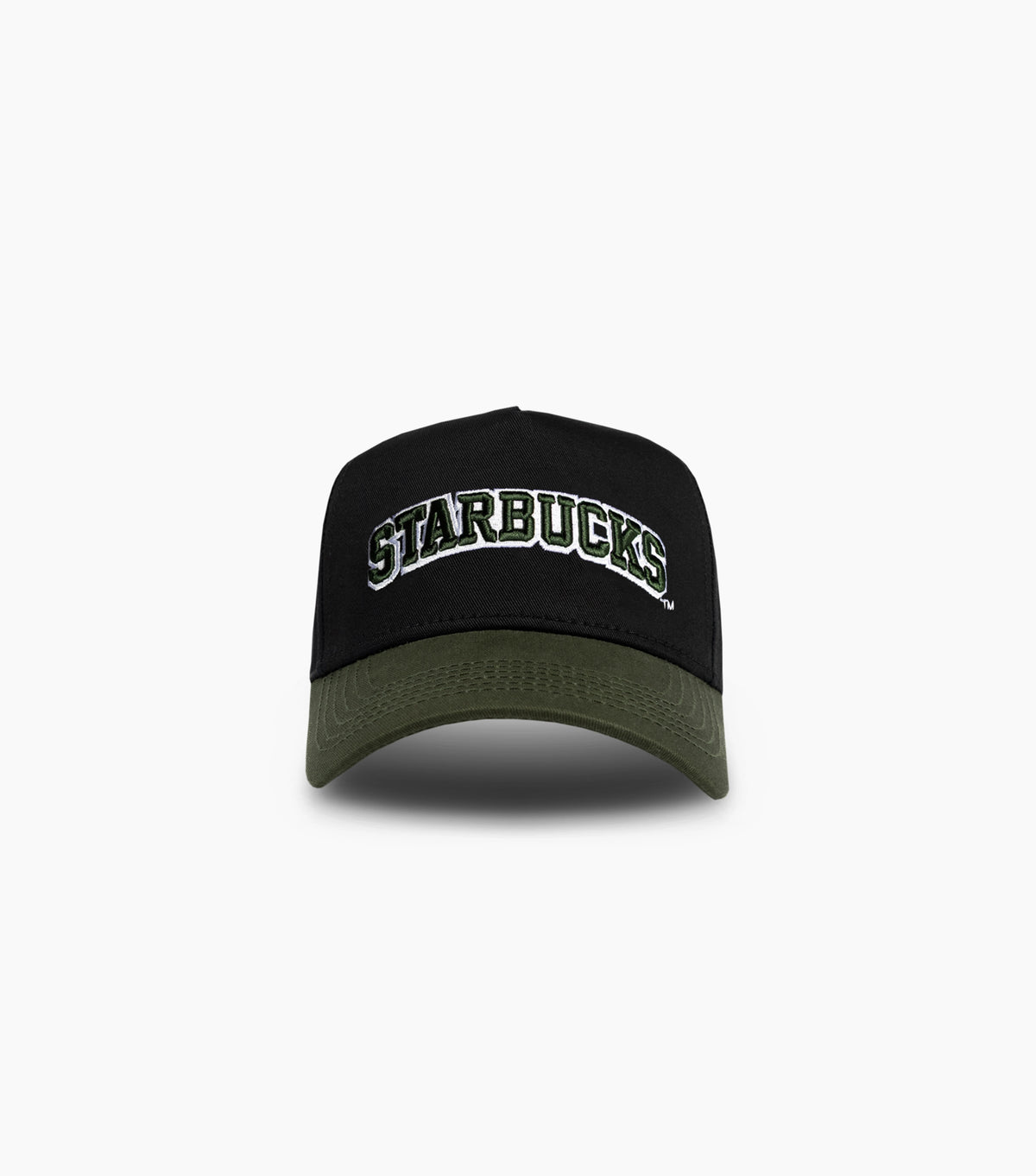 Front view of a black and dark-green baseball cap featuring an arched ‘STARBUCKS’ embroidered logo across the front panel.