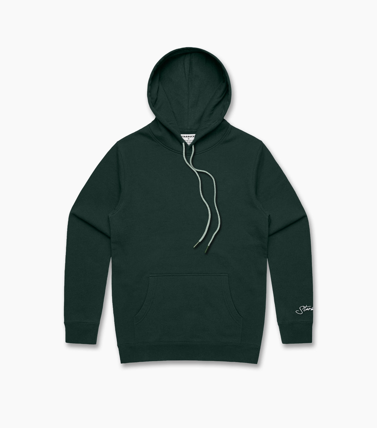 Dark green hoodie with a brand logo on a light gray background