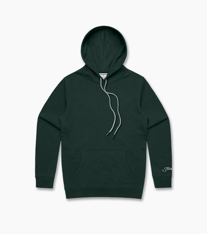 Dark green hoodie with a brand logo on a light gray background