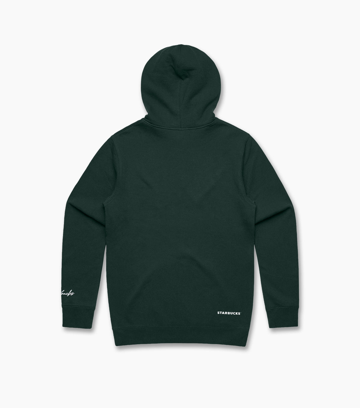 Dark green hoodie with 'Starbucks' branding on a white background