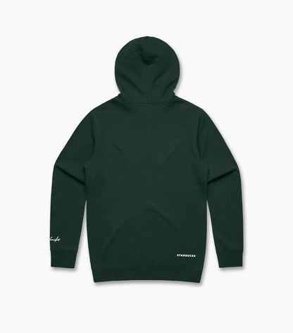 Dark green hoodie with 'Starbucks' branding on a white background