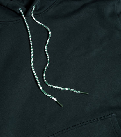 Black hoodie with white drawstrings on a black background