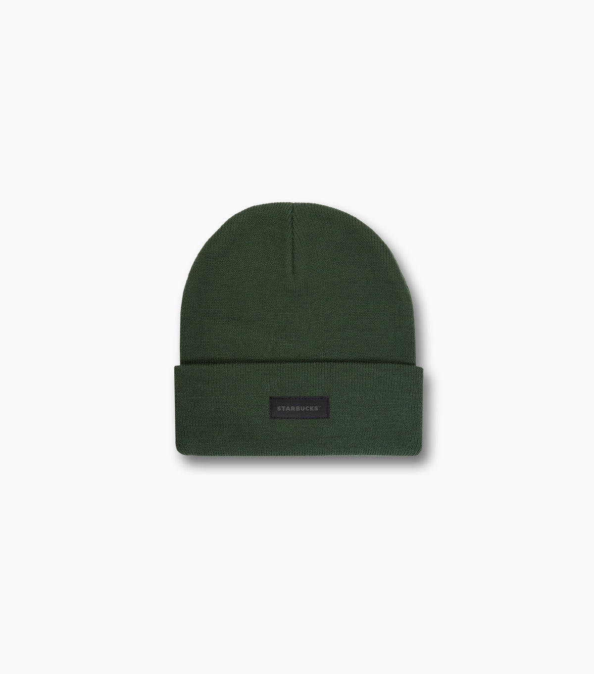 The front of the green Starbucks Knit Beanie with a black Starbucks logo tag, against a white background.