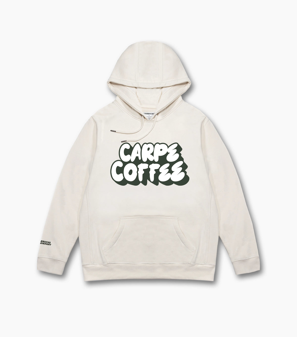 The front of the natural beige Starbucks Carpe Coffee hoodie, featuring printed Carpe Coffee in bold typography across the chest, set against a white background.