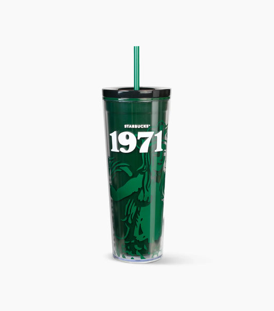 Green Starbucks tumbler with '1971' text on a white background