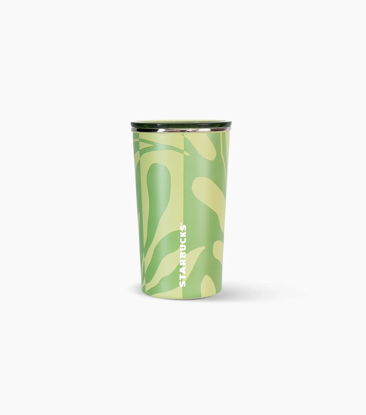 Green Starbucks tumbler with leaf pattern on a white background