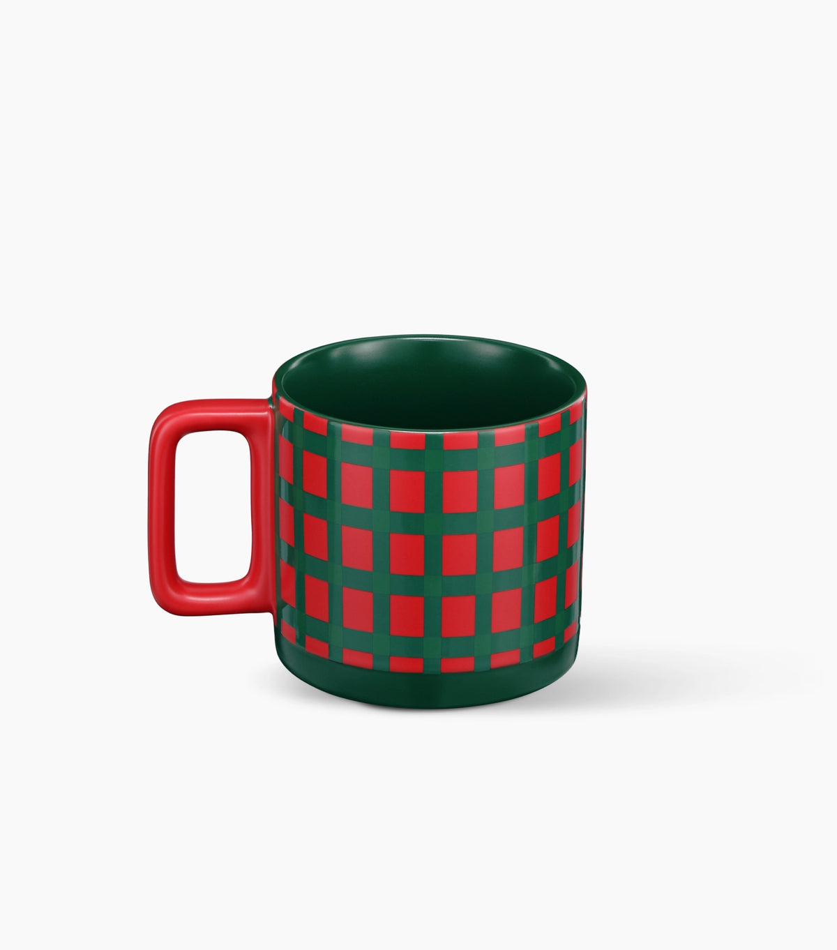 A ceramic mug with a red handle and a red and dark green plaid pattern on the exterior, set against a plain light gray background.