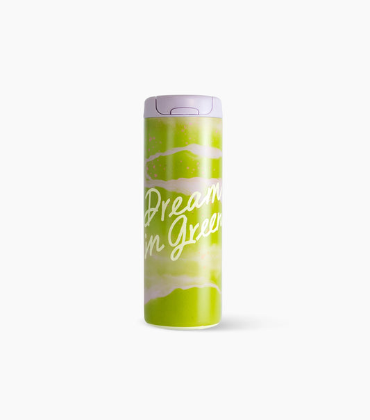 A slim stainless steel travel tumbler with a light purple lid, featuring a bright green and lime watercolor design with the text 'Dream in Green' in white script.