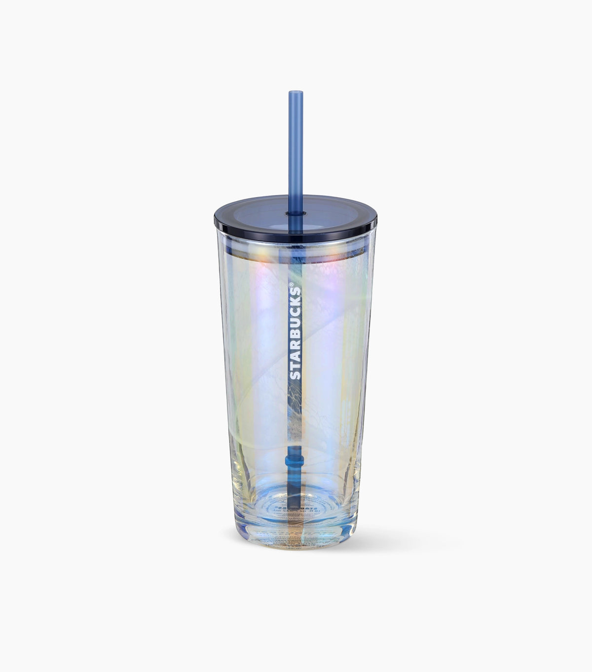 A Starbucks insulated tumbler with an iridescent finish, a dark blue lid, and a matching blue straw, shown on a light gray background.