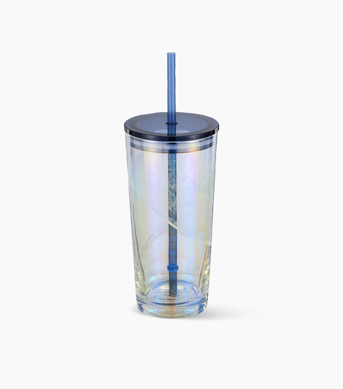 An iridescent clear double-wall tumbler with a dark blue lid and a matching blue straw, shown on a clean white background.