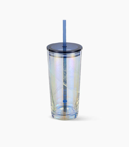An iridescent clear double-wall tumbler with a dark blue lid and a matching blue straw, shown on a clean white background.