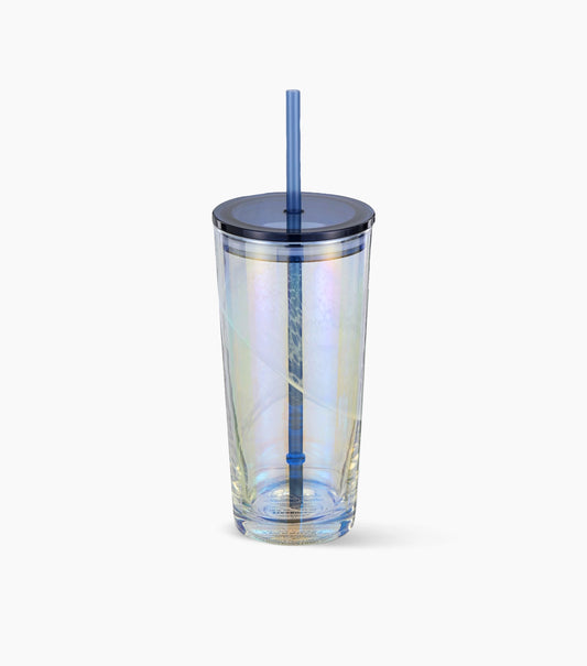 An iridescent clear double-wall tumbler with a dark blue lid and a matching blue straw, shown on a clean white background.