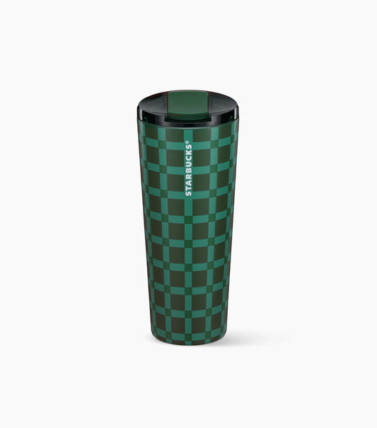 A Starbucks travel tumbler with a dark green and black checkerboard pattern, featuring a black lid with a green insert, shown on a light gray background.
