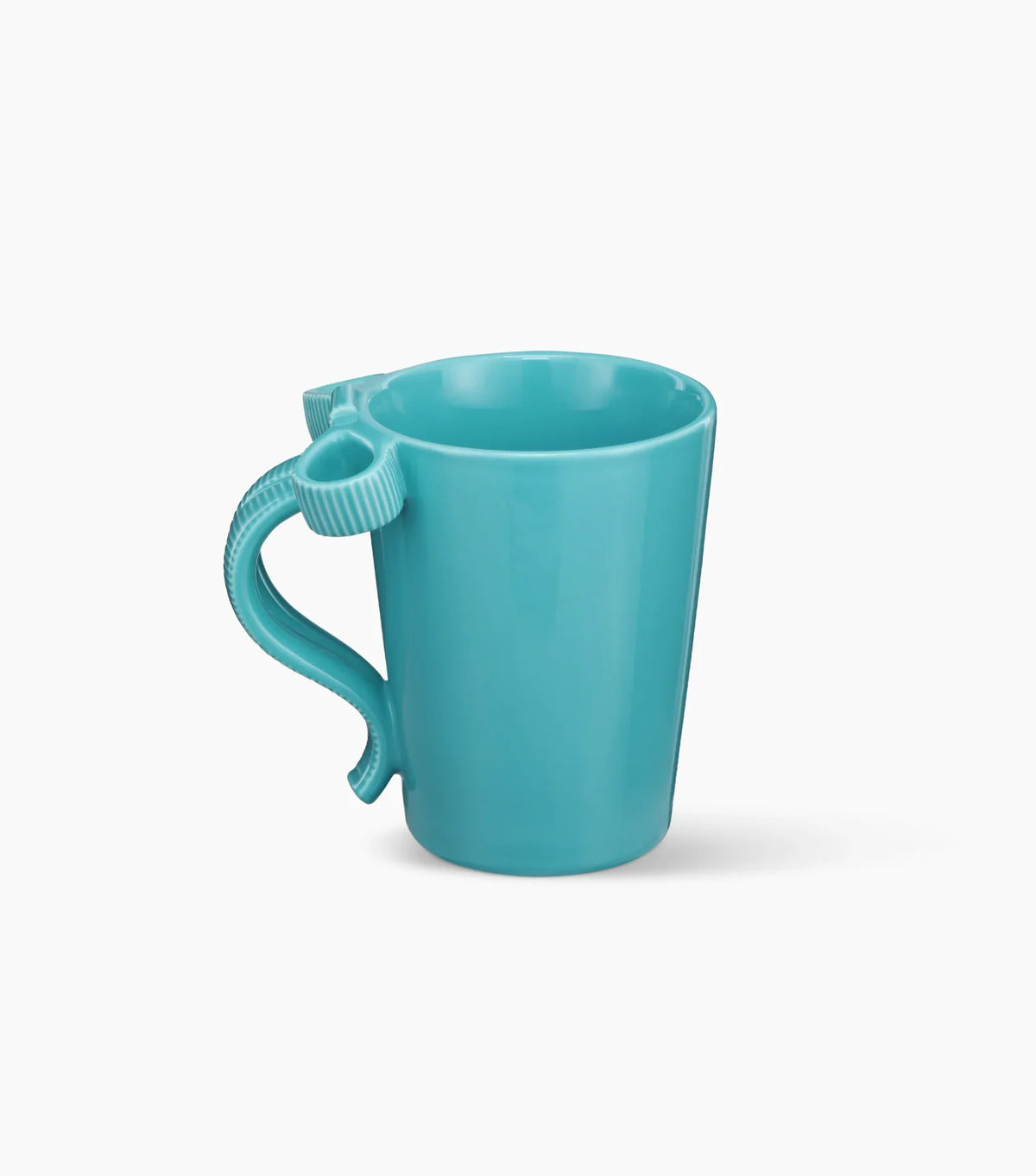 A glossy teal ceramic mug featuring a sculpted bow-shaped handle and the Starbucks logo printed inside the rim.