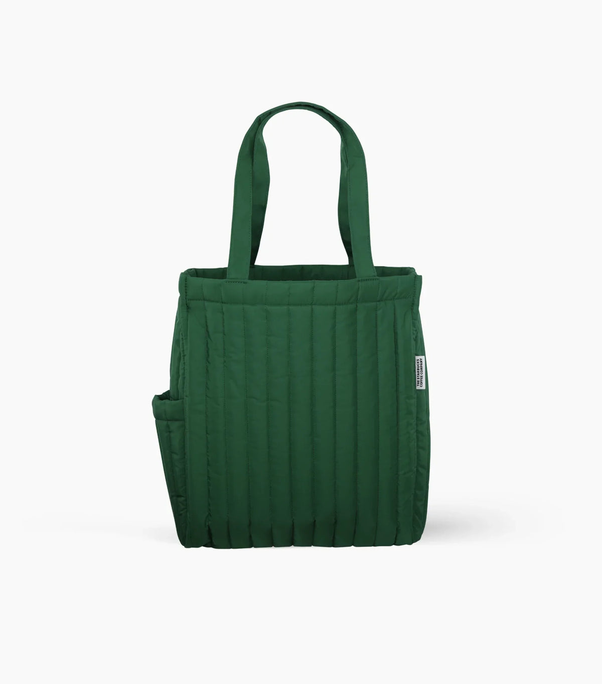 A quilted dark-green tote bag with long handles, vertical padded stitching, and an exterior side pocket.