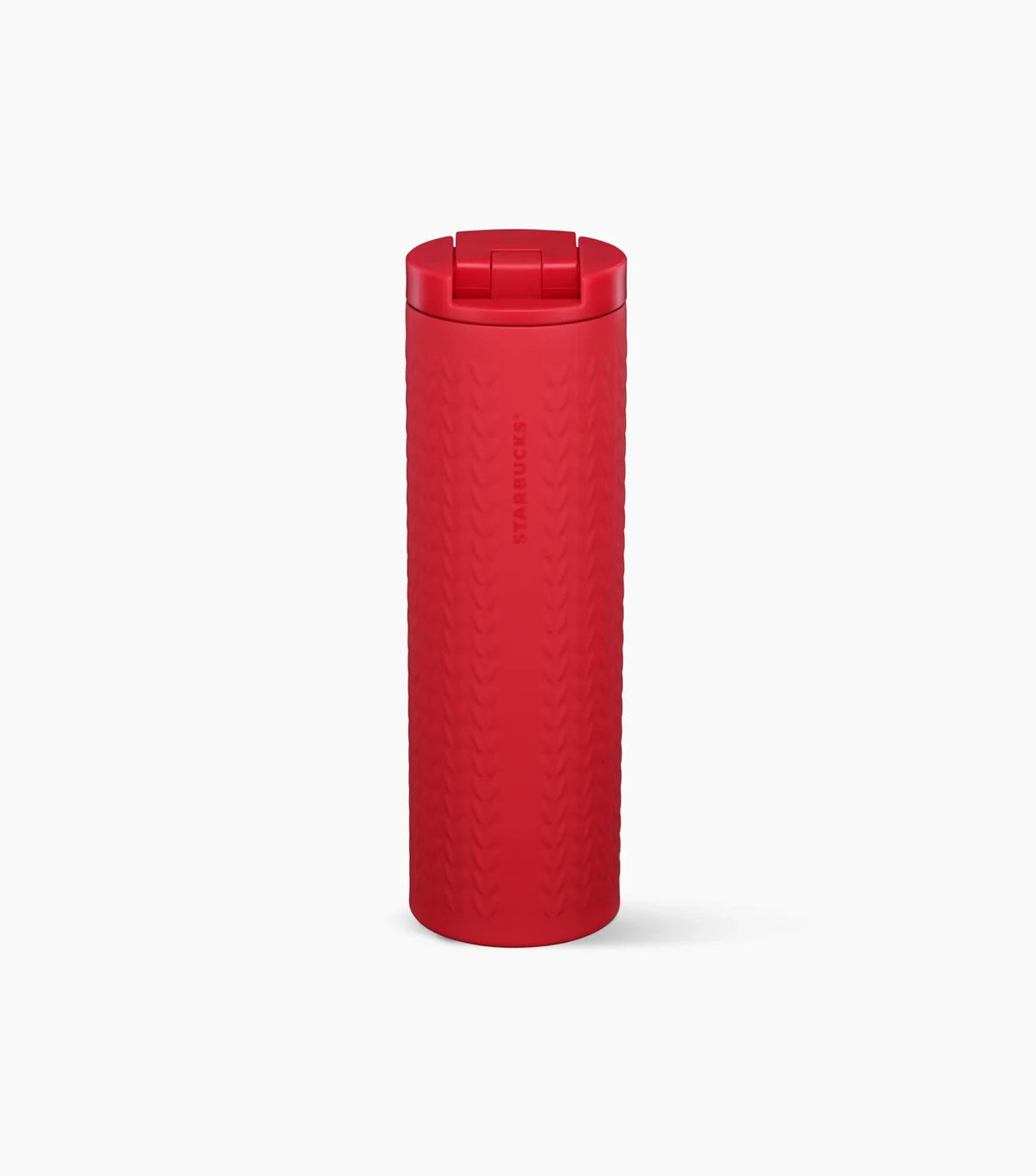 A tall matte red tumbler featuring a knit-texture pattern and a solid red lid.