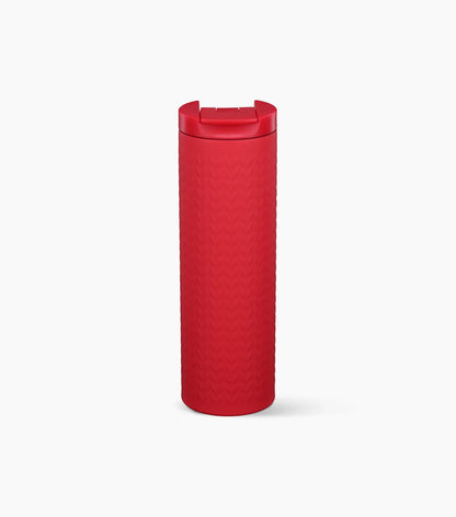 A tall matte red tumbler featuring a knit-texture pattern and a solid red lid.