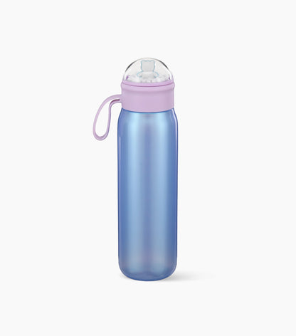 The back of the periwinkle water bottle, with a lilac lid, a carry loop and a snow globe topper, shown on a clean white background.