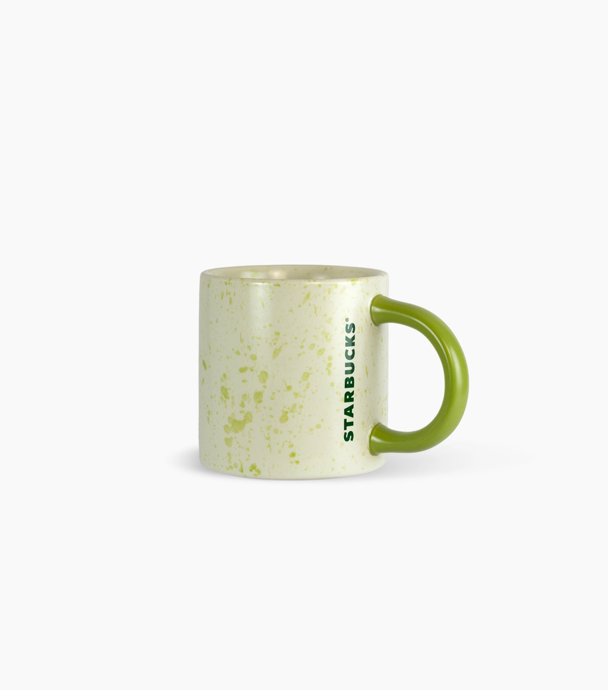 A Starbucks ceramic mug with a splattered off-white exterior and a bright green handle, shown on a clean white background.