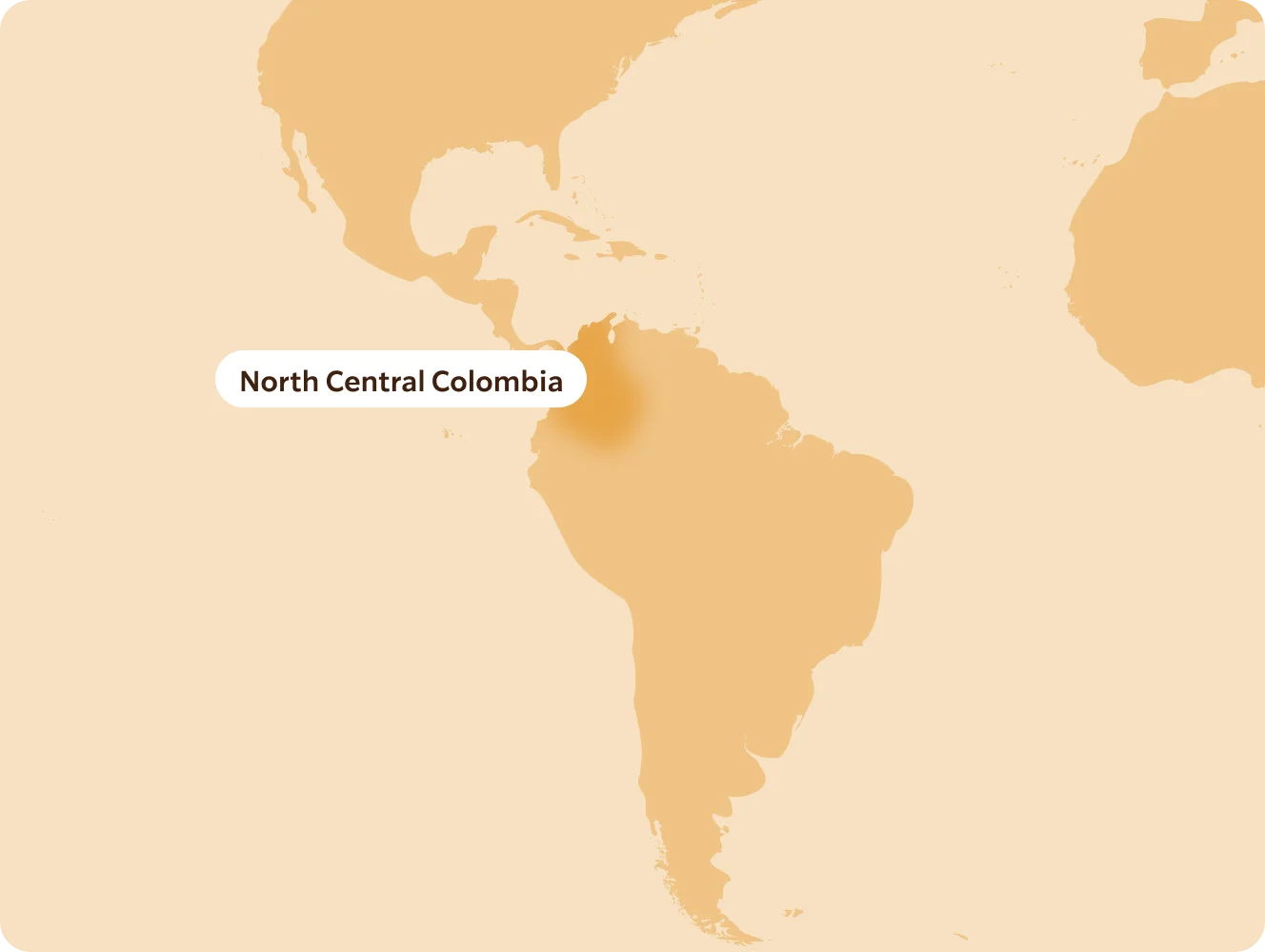 A stylized map graphic highlighting North Central Colombia, with the continent of South America and parts of North America shown in warm beige and tan tones on a light cream background.