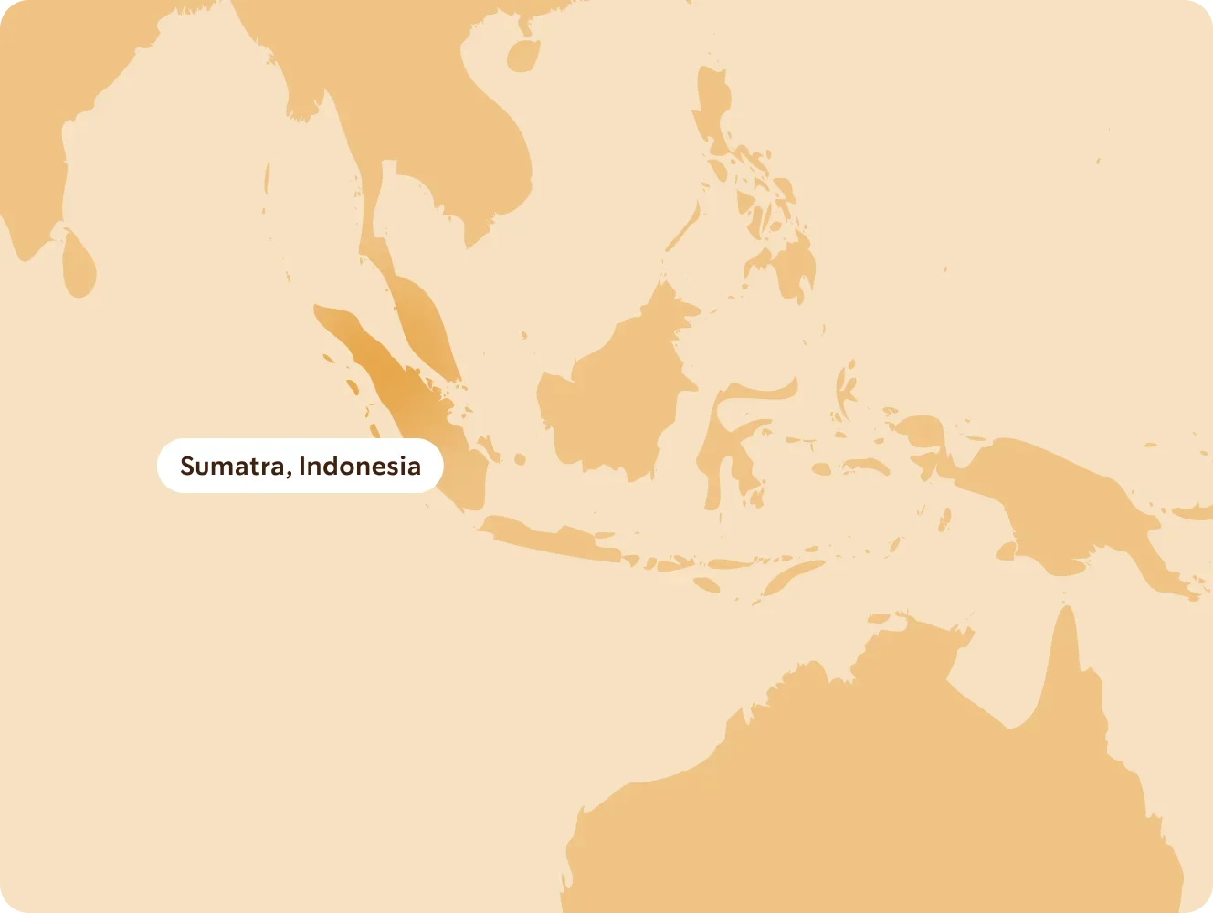A minimalist beige map graphic highlighting Sumatra, Indonesia, with the country name shown in a white label on the left.