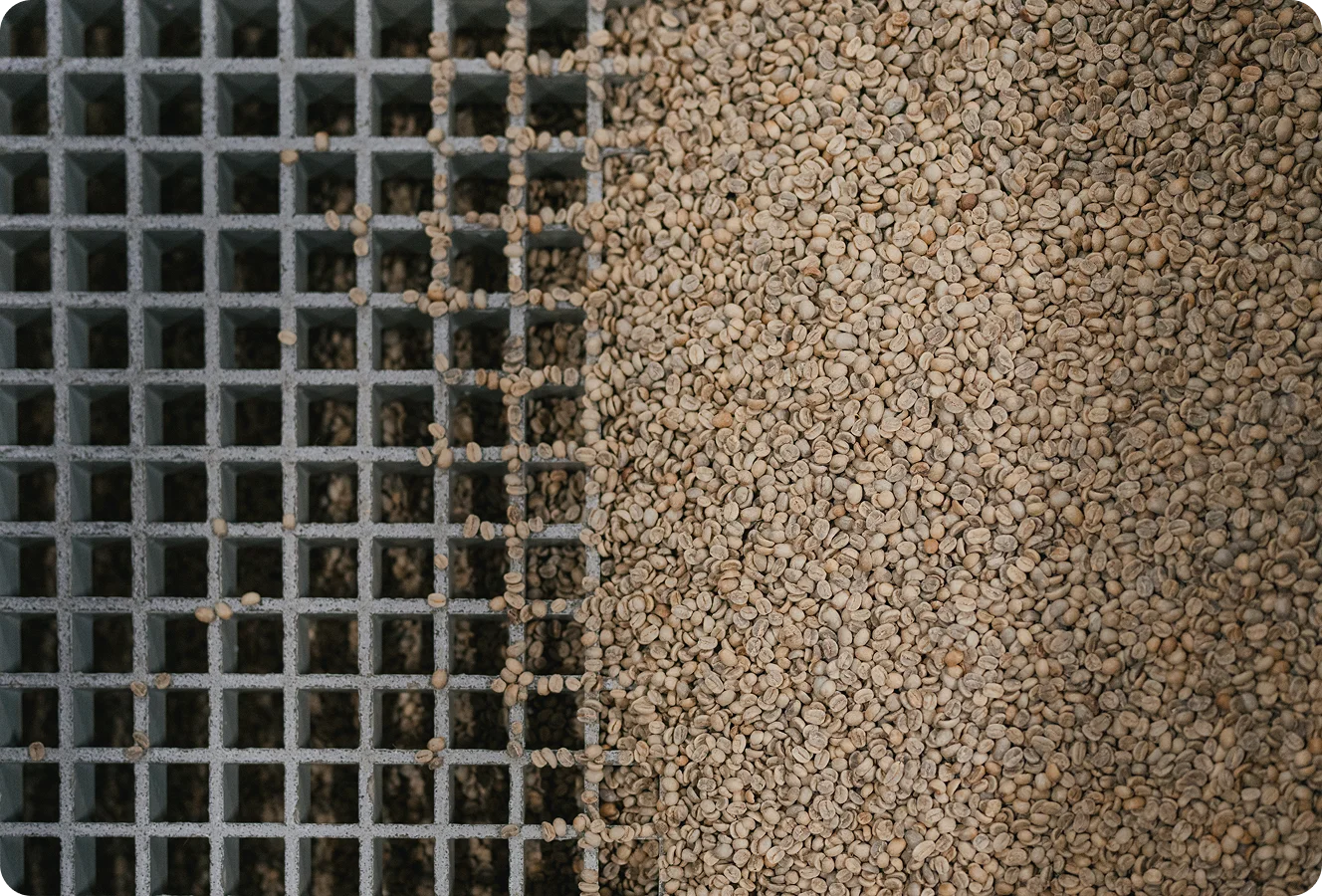 A close-up view of small beige-brown granules or pellets flowing over a gray metal grate screen, with the granules covering most of the frame.