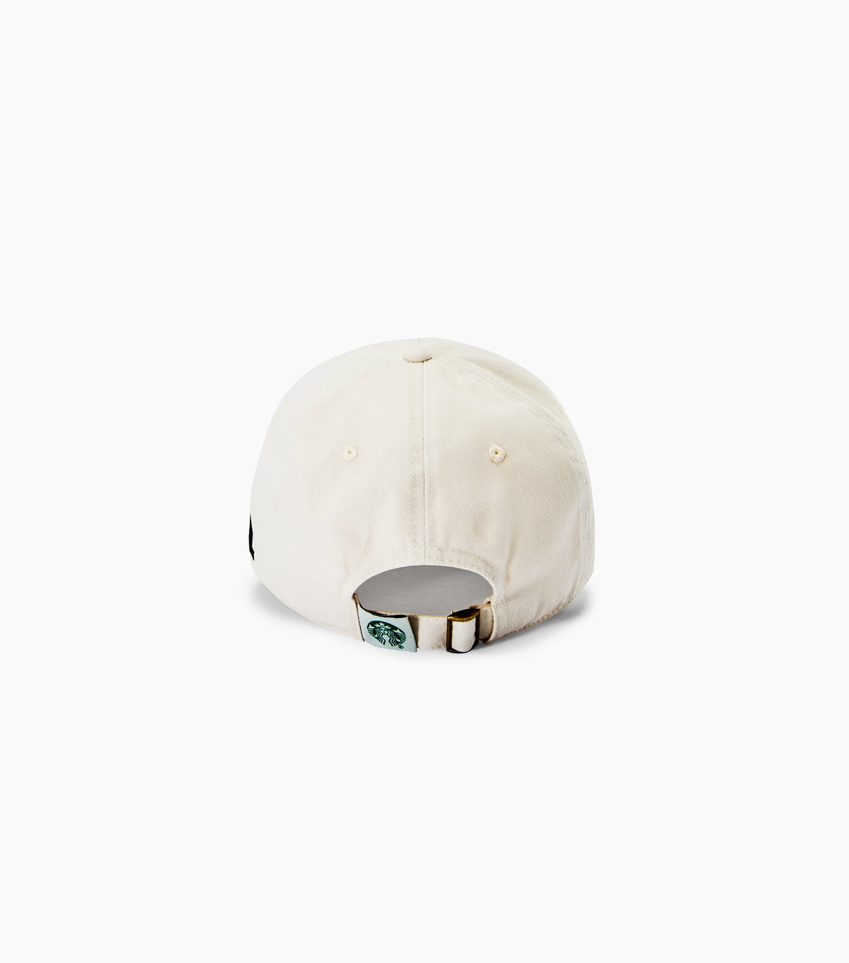 Back view of a light natural colored dad hat with a Starbucks Siren logo tag, set against a clean white background.