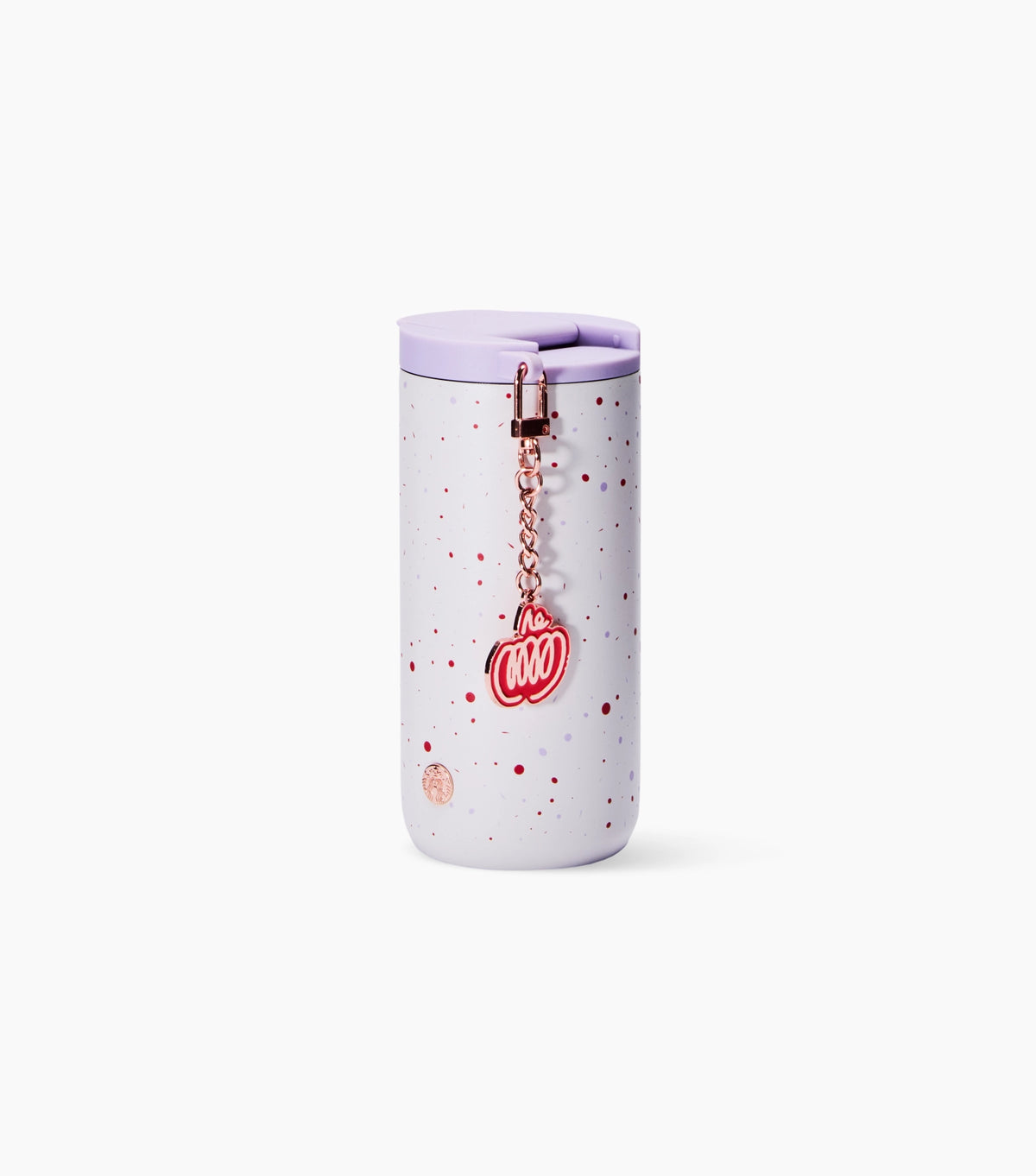 A light lavender travel tumbler with red speckles, a matching lavender lid, and a rose gold chain charm featuring a red 'PSL' design, set against a plain white background.