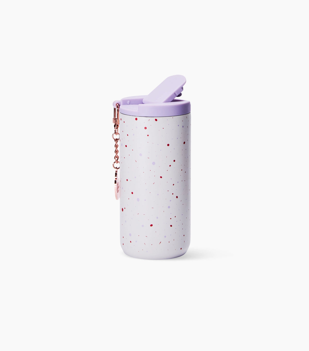 A light lavender insulated tumbler with red speckles, a matching lavender lid, and a rose gold keychain, shown on a clean white background.