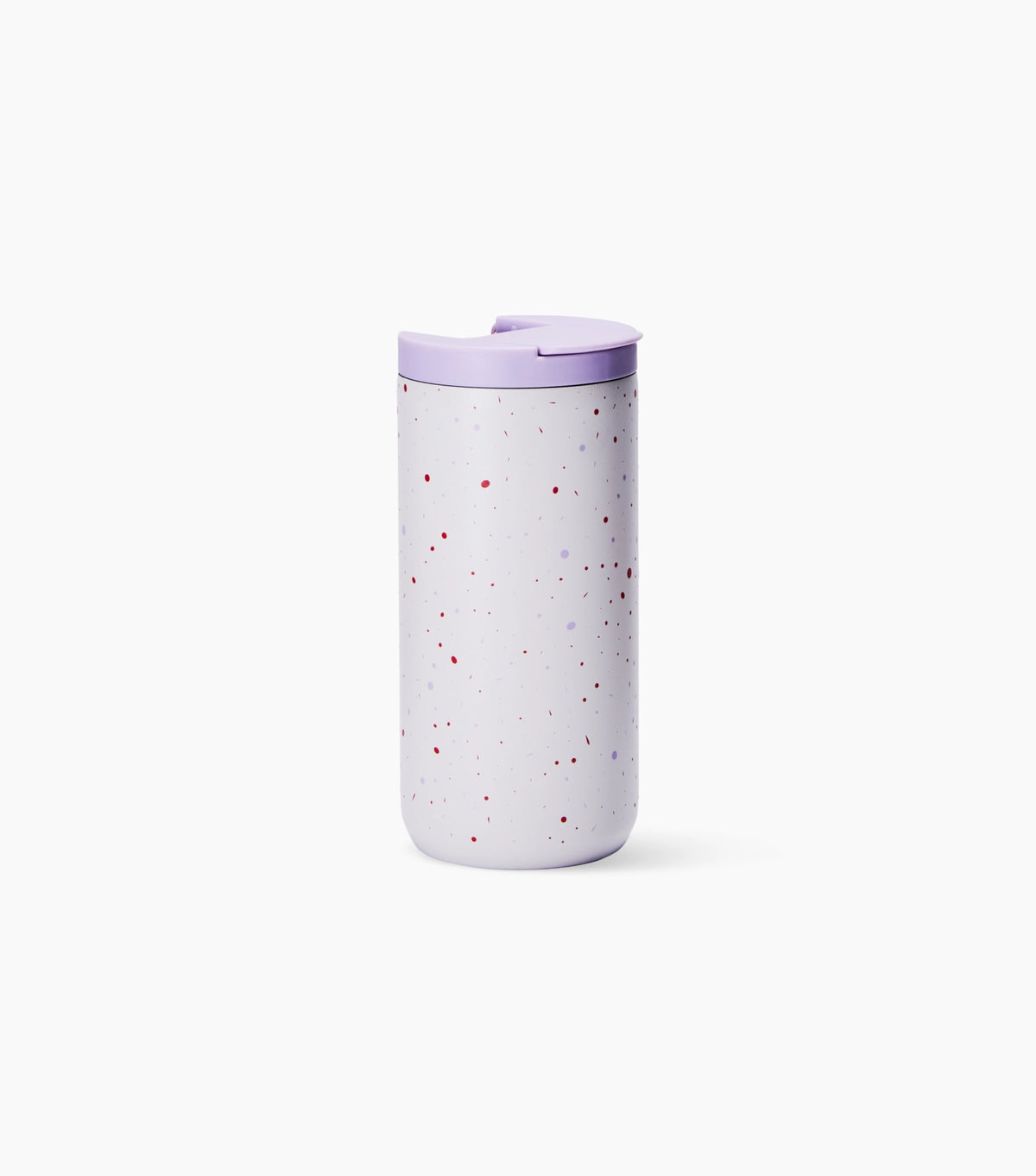 A light lavender insulated travel tumbler with a matching lavender lid and subtle red and blue speckles, set against a clean white background.