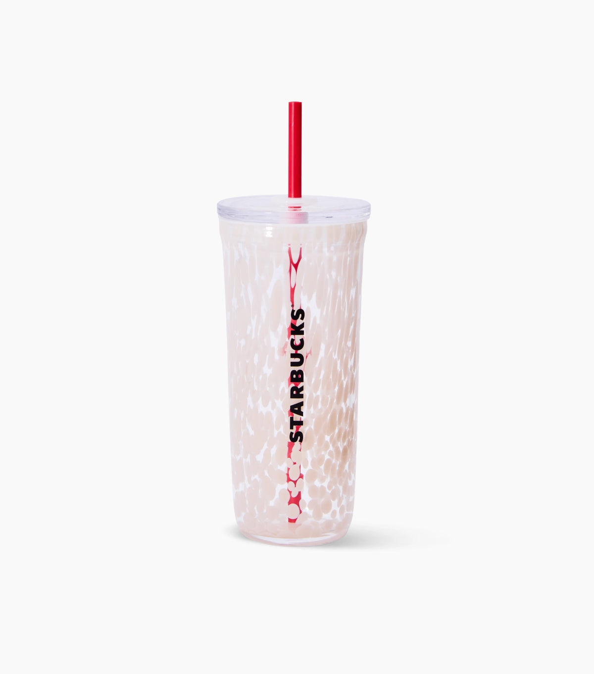 A clear glass Starbucks travel cold cup with a red straw and a red vertical logo, featuring a white marble pattern on a light pinkish-beige base, set against a plain white background.
