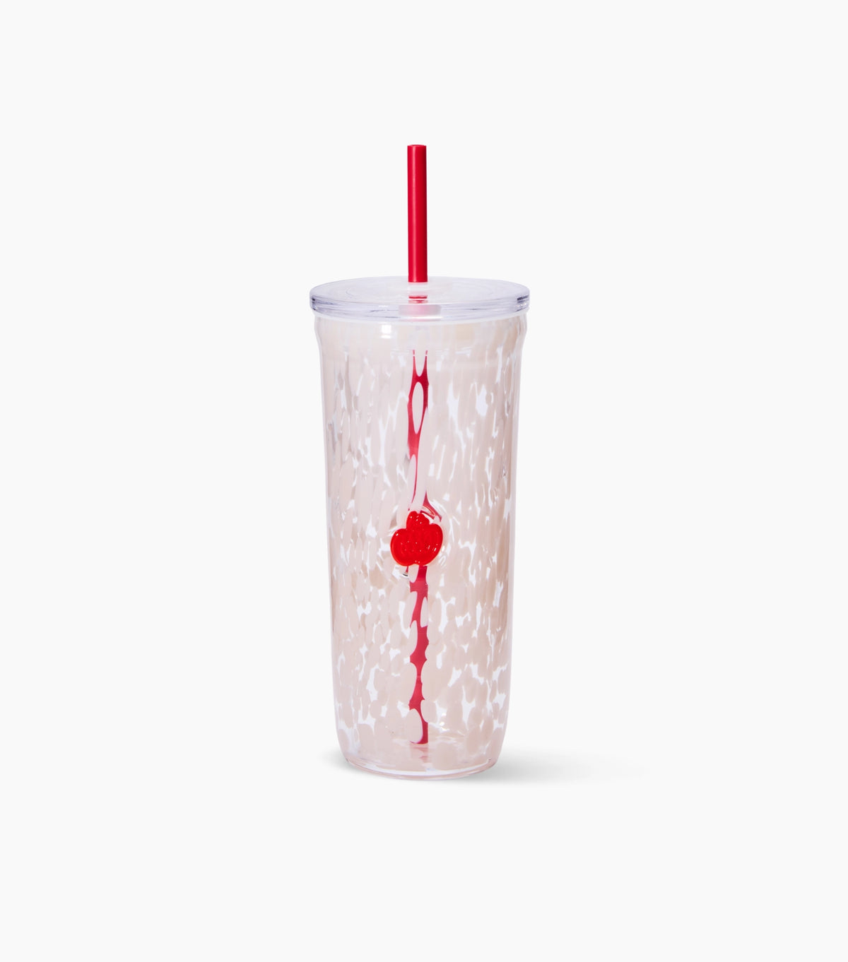 A clear glass Starbucks travel cold cup with a red straw and a red vertical logo, featuring a red PSL pumpkin with a white marble pattern on a light pinkish-beige base, set against a plain white background.