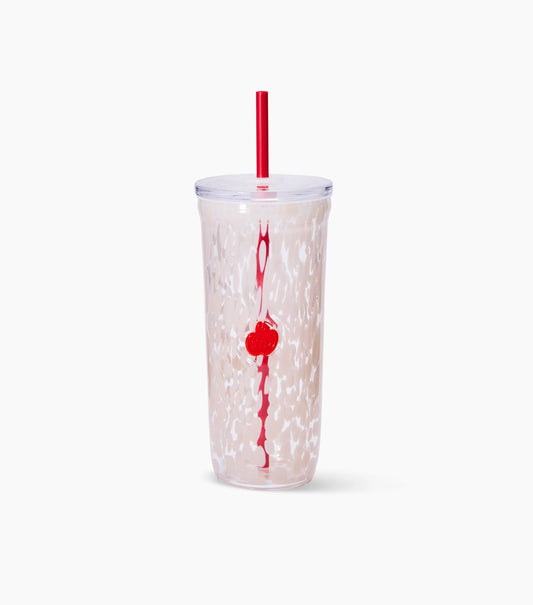 A clear glass Starbucks travel cold cup with a red straw and a red vertical logo, featuring a red PSL pumpkin with a white marble pattern on a light pinkish-beige base, set against a plain white background.
