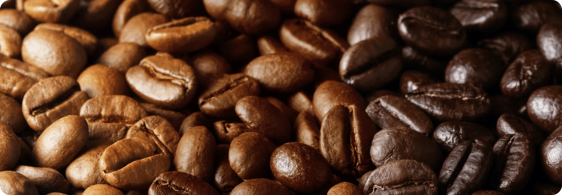 A close-up pile of roasted coffee beans in shades of medium and dark brown.