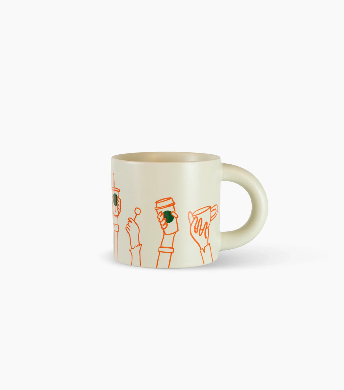 Mug with illustrations of hands holding a cup on a white background