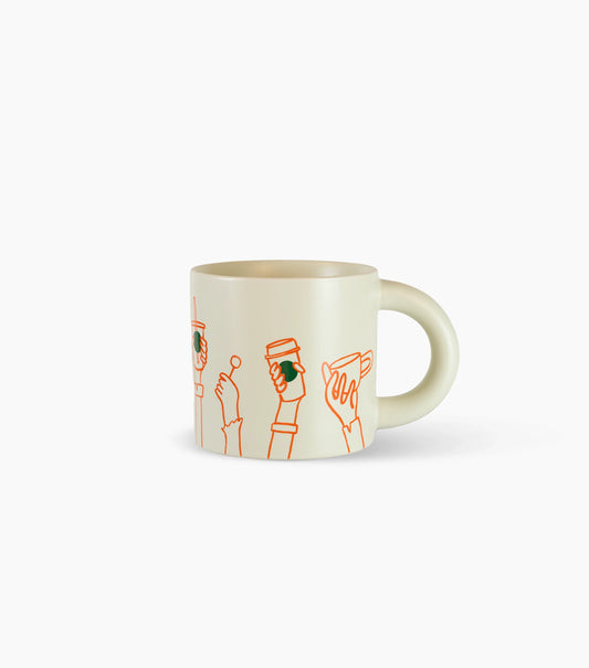 Mug with illustrations of hands holding a cup on a white background