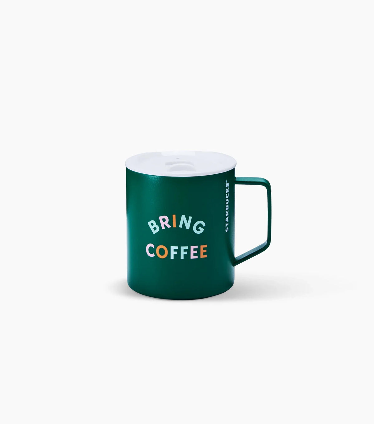 Green Starbucks mug with 'Bring Coffee' text on a light gray background