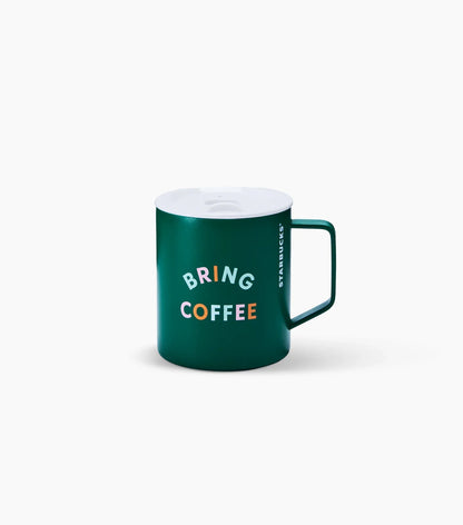 Green Starbucks mug with 'Bring Coffee' text on a light gray background