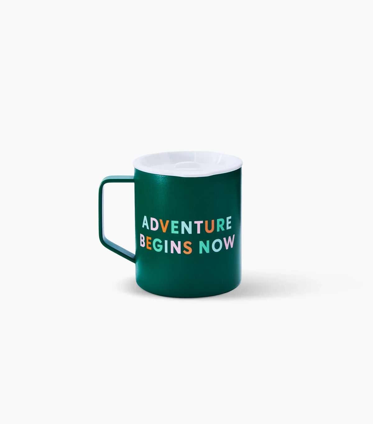Green mug with 'ADVENTURE BEGINS NOW' text on a white background