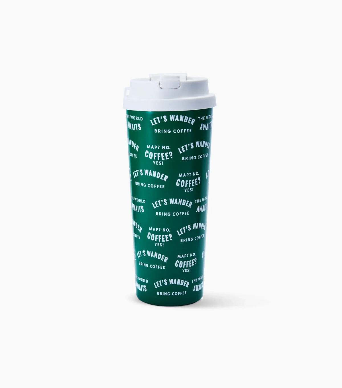 Green tumbler with text on a white background