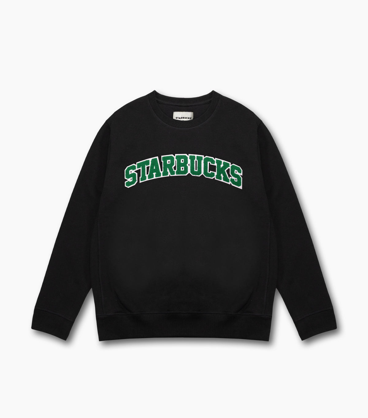 The front of the black Starbucks Chenille Crewneck Sweatshirt with green bold text that says Starbucks across the chest, against a white background.