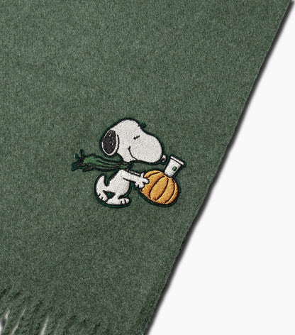 A close-up of a dark green knit scarf featuring an embroidered patch of Snoopy holding a green turnip and an orange pumpkin.