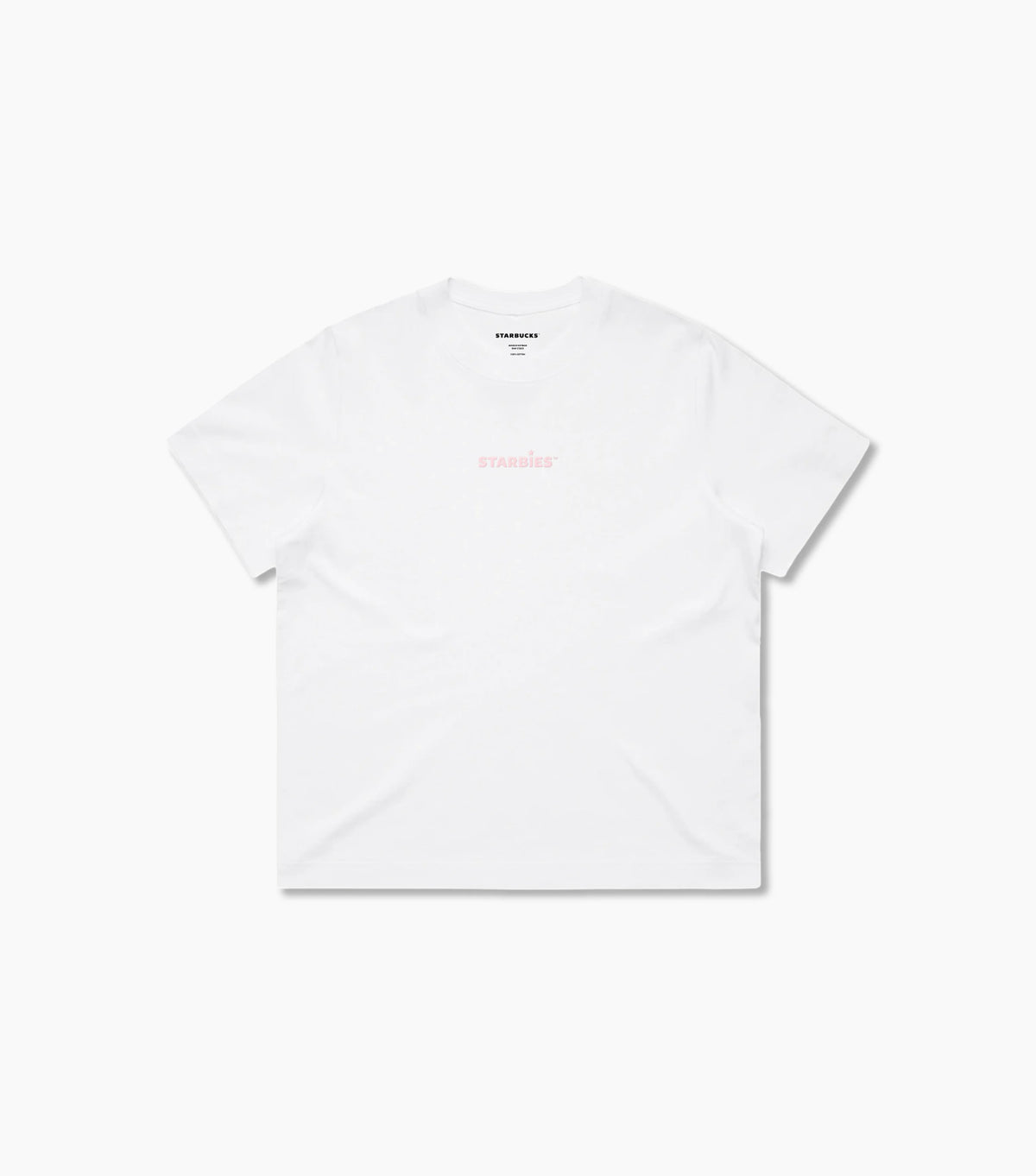 White t-shirt with a small pink Starbies logo on a white background
