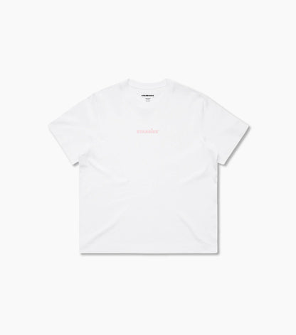 White t-shirt with a small pink Starbies logo on a white background