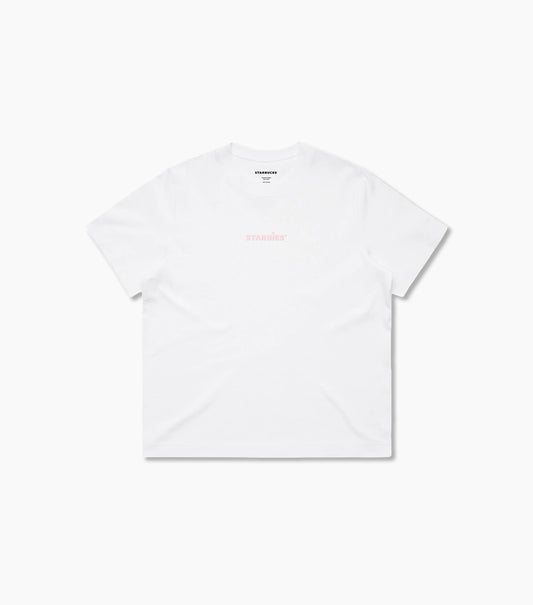 White t-shirt with a small pink Starbies logo on a white background