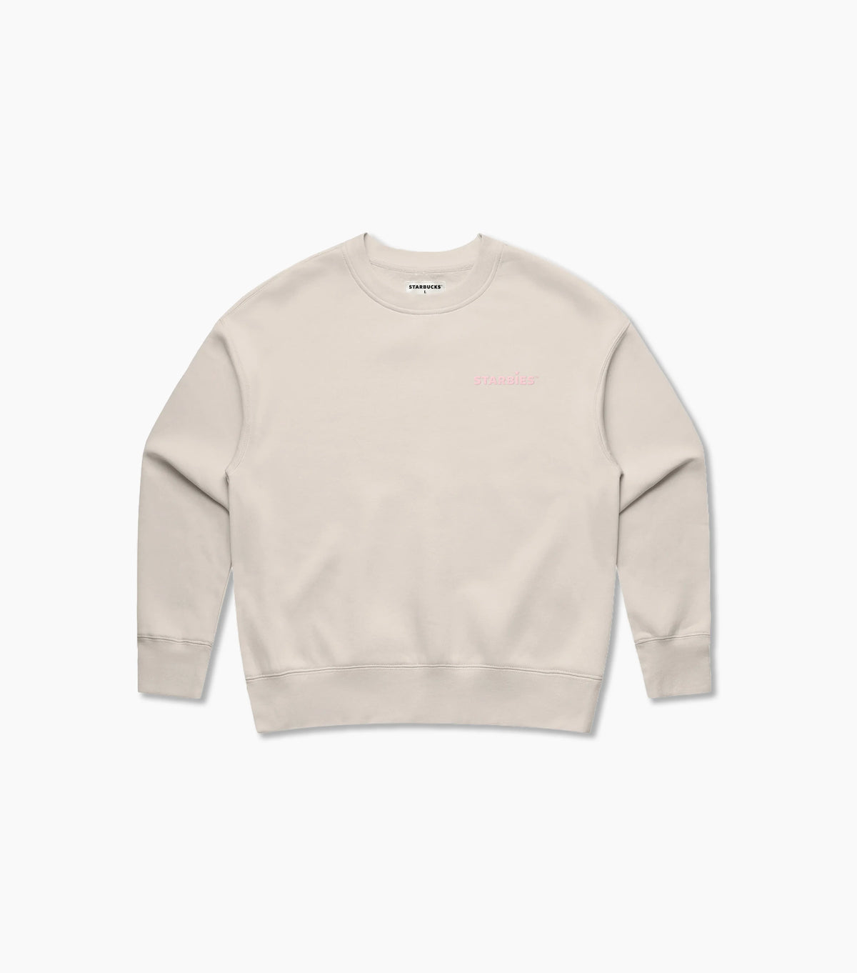 Beige sweatshirt with pink Starbies logo on a white background
