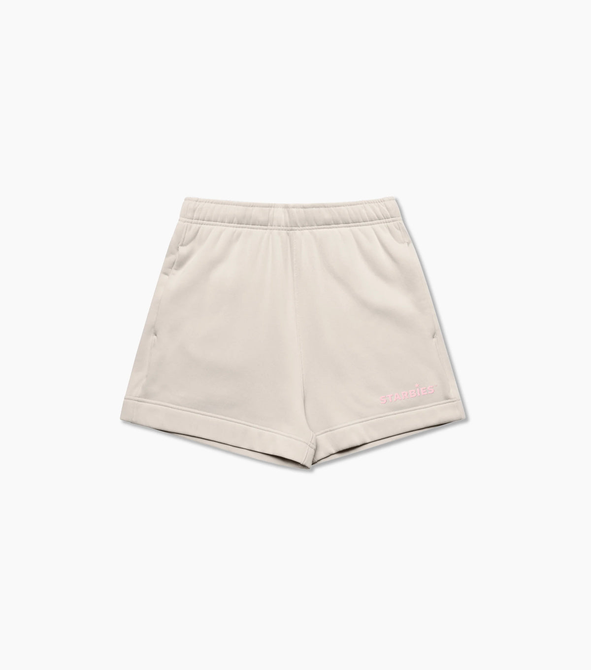 Beige shorts with a pink Starbies logo on a white background